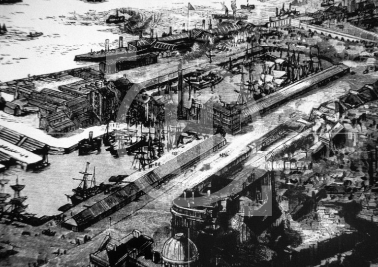 View of Liverpool docks as seen from a balloon, 1885